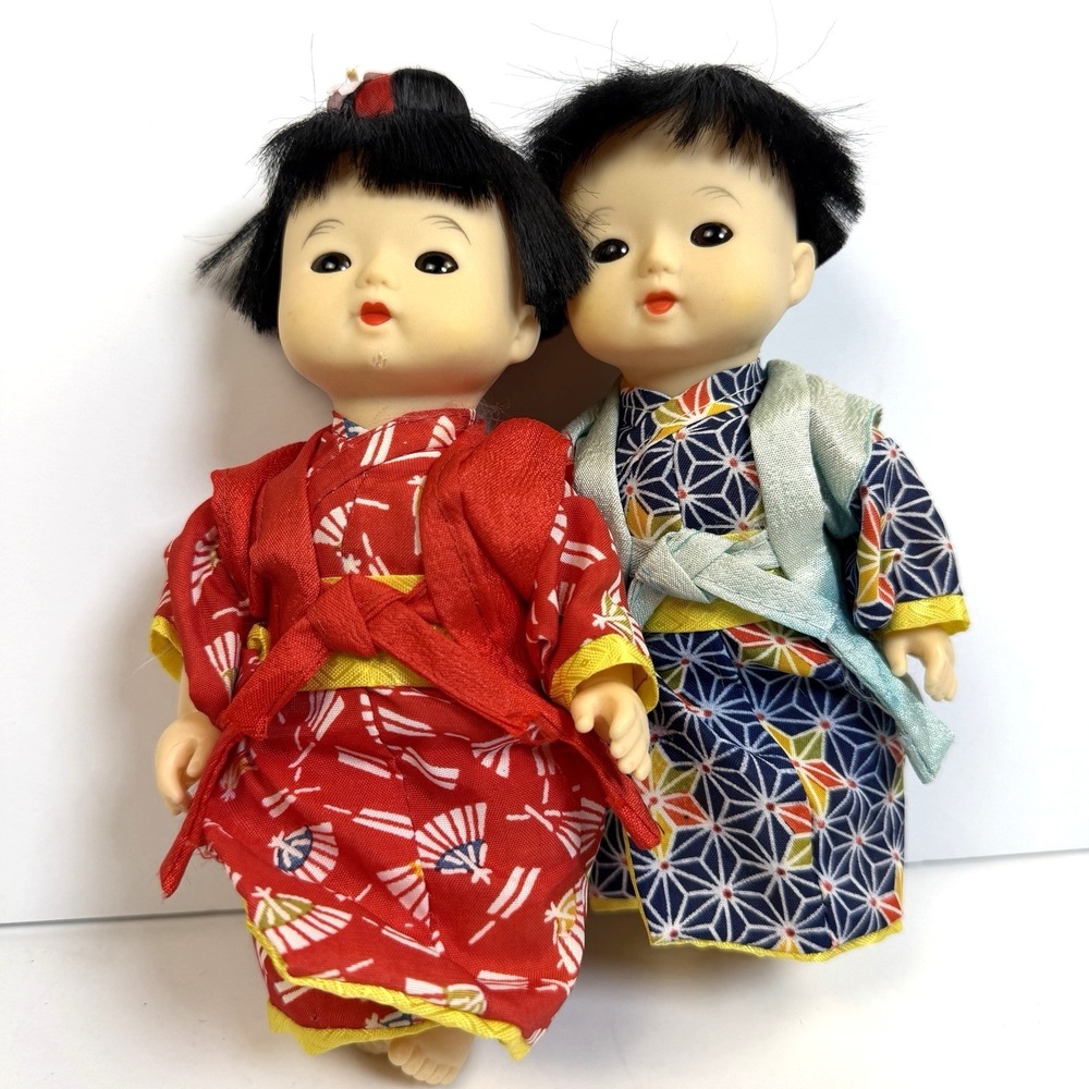 Vintage Style Japanese Kimono Doll Pair‎ Boy Girl 7" Asian